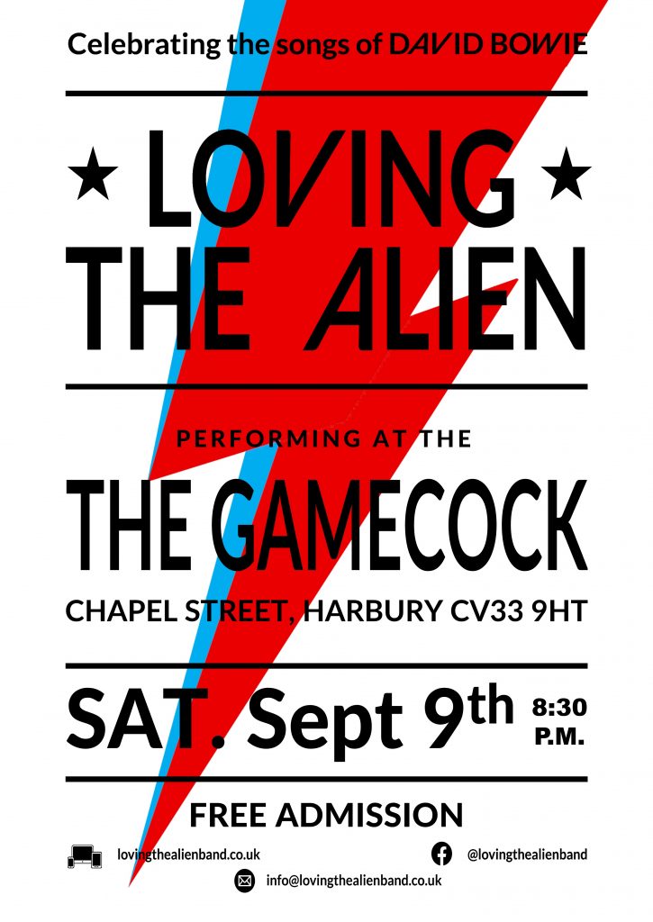 Poster: Loving The Alien at The Gamecock, Harbury on 9th September 2023